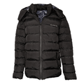 Men's black luxury detachable hoody puffer jacket with 1/4 zip.