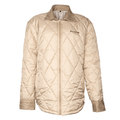 Tan quilted jacket with suede trim, featuring a full front zipper and collar.